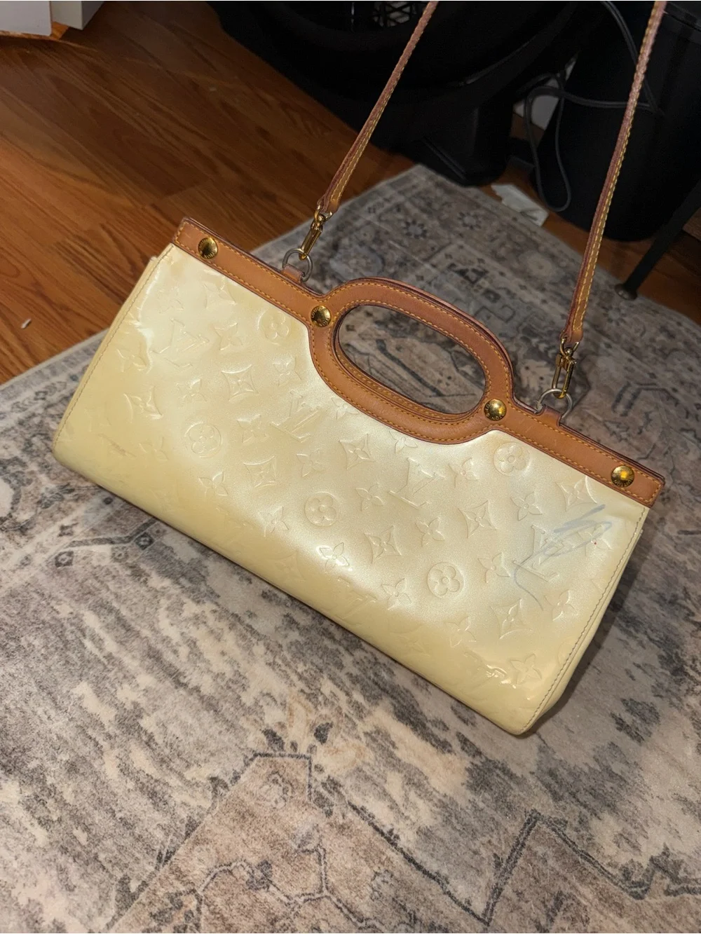 Louis Vuitton Cream Patent Vernis Satchel with Tan Leather Trim
